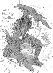 Rule 34 | 1boy, armor, bad id, bad twitter id, blade, dated, greyscale, hatching (texture), highres, male focus, mask, monochrome, on one knee, original, rubble, scratches, smoke, solo, spiked hair, survival yaiba, weapon