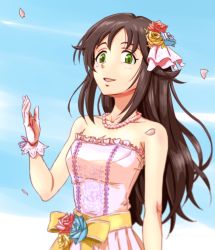 Rule 34 | 1girl, :d, anbj, arm at side, bare arms, bare shoulders, bead necklace, beads, blue flower, blue rose, blue sky, blush, breasts, brown hair, cherry blossoms, cleavage, collarbone, day, dress, female focus, floating hair, flower, frilled dress, frills, gloves, green eyes, hair flower, hair ornament, hand up, happy, himekawa yuki, idolmaster, idolmaster cinderella girls, jewelry, long hair, looking at viewer, medium breasts, neck, necklace, open mouth, outdoors, petals, purple ribbon, red flower, red rose, ribbon, rose, sky, smile, solo, standing, strapless, strapless dress, upper body, very long hair, white dress, white gloves, yellow flower, yellow rose