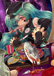 Rule 34 | 1girl, absurdres, black dress, black gloves, black hat, blue eyes, breasts, can, cd, chair, dress, drink can, eating, elbow gloves, facial mark, fork, gears, gloves, hat, hatsune miku, heterochromia, highres, holding, kanmiya shinobu, ketchup, long hair, mayonnaise, mouth hold, mustard, red eyes, sadistic music factory (vocaloid), sitting, sleeveless, sleeveless dress, small breasts, soda can, solo, symbol-shaped pupils, teeth, twintails, upper body, vocaloid