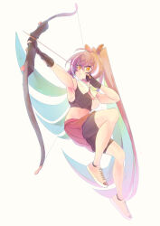 Rule 34 | 1girl, ahoge, alternate costume, armpits, arrow (projectile), bike shorts under skirt, bow (weapon), brown eyes, brown hair, cape, city-kite, crossed bangs, detached collar, feather hair ornament, feathers, frown, hair ornament, hairclip, highres, holding, holding arrow, holding bow (weapon), holding weapon, hololive, hololive english, long hair, midriff, multicolored hair, nanashi mumei, pleated skirt, ponytail, red skirt, shoes, shoulder guard, skirt, sneakers, streaked hair, sweat, very long hair, virtual youtuber, weapon