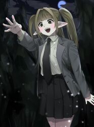 Rule 34 | 100 (hundredwell), 1girl, :d, black necktie, black skirt, blonde hair, blunt bangs, breast pocket, bright pupils, buttoned cuffs, buttons, cloud, collared shirt, commentary, full moon, green eyes, hair intakes, high-waist skirt, highres, jacket, long hair, long sleeves, miniskirt, moon, necktie, night, night sky, open clothes, open jacket, open mouth, original, outdoors, outstretched arm, pine tree, pleated skirt, pocket, pointy ears, ringed eyes, shirt, skirt, sky, smile, solo, standing, symbol-only commentary, teeth, tree, two side up, unbuttoned, white pupils, white shirt