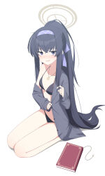 Rule 34 | 1girl, absurdres, bikini, black bikini, black hair, blue archive, blue eyes, blue hairband, blush, book, breasts, clothes pull, commentary, crossed arms, grey jacket, h9 99999, hairband, halo, hand up, highres, jacket, jacket pull, jewelry, kneeling, long hair, long sleeves, looking at viewer, necklace, o-ring, o-ring bikini, off shoulder, official alternate costume, open clothes, open jacket, open mouth, playing with own hair, ponytail, simple background, small breasts, solo, sweatdrop, swimsuit, ui (blue archive), ui (swimsuit) (blue archive), white background, yellow halo