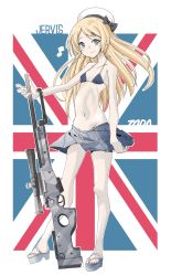 Rule 34 | 1girl, absurdres, ai arctic warfare, artist name, blonde hair, bolt action, breasts, character name, full body, green eyes, grey footwear, gun, hat, highres, holding, holding gun, holding weapon, jervis (kancolle), kantai collection, long hair, looking at viewer, pleated skirt, rifle, skirt, small breasts, sniper rifle, solo, tada (tactical tada), union jack, weapon, white hat
