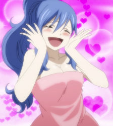 Rule 34 | 1girl, bare arms, bare shoulders, blue hair, blush, breasts, cleavage, closed eyes, collarbone, fairy tail, hair between eyes, hands on own cheeks, hands on own face, hands up, happy, heart, high ponytail, juvia lockser, large breasts, long hair, open mouth, ponytail, purple background, screencap, smile, solo, tongue, towel, upper body