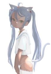 Rule 34 | 1girl, absurdres, ahoge, animal ears, bad id, bad twitter id, bell, blue hair, cat ears, cat tail, choker, closed mouth, crop top, extra ears, from side, green eyes, hair between eyes, highres, jingle bell, light blue hair, looking at viewer, nose, ohgnokuni, original, panties, sailor collar, shirt, short sleeves, simple background, solo, tail, thighhighs, turning head, twintails, underwear, white background, white panties, white sailor collar, white shirt, white thighhighs