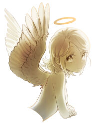 Rule 34 | 1girl, angel, angel wings, backlighting, bon bon eee, breasts, commentary request, feathered wings, halo, highres, kagamine rin, korean commentary, light blush, looking at viewer, looking back, monochrome, narrow waist, short hair, small breasts, smile, topless, turning head, upper body, vocaloid, wings, yellow theme