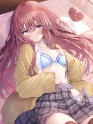 Rule 34 | bed, bedroom, black thighhighs, blush, bow, bra, brown hair, closed mouth, curtains, eyes visible through hair, fingernails, grey skirt, hair between eyes, indoors, light rays, long hair, looking at viewer, lying, navel, navy (navy.blue), on back, on bed, original, pillow, plaid, plaid bow, plaid skirt, pout, purple eyes, red bow, ribbon, ribbon bra, skindentation, skirt, sleeves past wrists, solo, thighhighs, underwear, white ribbon