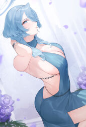Rule 34 | 1girl, ako (blue archive), ako (dress) (blue archive), arm behind head, armpit peek, ass, backless dress, backless outfit, blue archive, blue dress, blue eyes, blue hair, breasts, cleavage, commentary, dress, falling petals, flower, from side, highres, koyo akio, large breasts, official alternate costume, petals, purple flower, sideboob, sideways glance, sideways mouth, solo