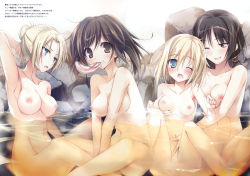 Rule 34 | 4girls, ;d, absurdres, annie leonhart, bathing, blonde hair, blue eyes, blush, breasts, brown eyes, brown hair, freckles, grabbing, grabbing another&#039;s breast, green eyes, hand on another&#039;s stomach, highres, karory, krista lenz, long hair, multiple girls, nipples, no pussy, nude, one eye closed, open mouth, sasha blouse, shingeki no kyojin, short hair, small breasts, smile, translation request, water, ymir (shingeki no kyojin), yuri
