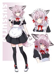 Rule 34 | 1girl, absurdres, ahoge, alternate costume, animal ears, arknights, black bracelet, black dress, black thighhighs, blue eyes, braid, character name, dress, enmaided, fox ears, fox girl, fox tail, gloves, headdress, highres, infection monitor (arknights), lalihop, maid, multiple views, pink hair, shaded face, shoes, short twintails, simple background, sussurro (arknights), tail, thighhighs, twin braids, twintails, white background, white footwear, white gloves, wrist cuffs, zettai ryouiki