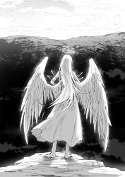 Rule 34 | 1other, angel, angel wings, barefoot, cliff, copyright request, dress, facing away, from behind, greyscale, halo, kankan33333, long hair, monochrome, outdoors, wings