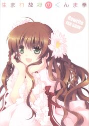 Rule 34 | 1girl, :d, absurdres, ahoge, amano, blush, braid, brown hair, copyright name, cover, cover page, doujin cover, dress, fingernails, floating hair, flower, frilled sleeves, frills, green eyes, hair between eyes, hair flower, hair ornament, hands on own cheeks, hands on own face, hands up, highres, juliet sleeves, kanbe kotori, long hair, long sleeves, looking at viewer, open mouth, pink dress, puffy sleeves, red ribbon, rewrite, ribbon, school uniform, sidelocks, simple background, sitting, smile, solo, twin braids, very long hair, wavy hair, white background, white flower, wide sleeves