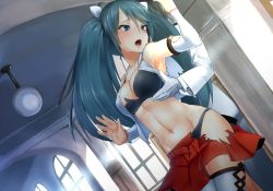 Rule 34 | 10s, 1boy, 1girl, admiral (kancolle), aqua eyes, aqua hair, arm up, armpits, ayagi daifuku, black bra, black panties, blush, bra, grabbing another&#039;s breast, breasts, commentary request, gauntlets, gloves, grabbing, hair ribbon, hetero, isuzu (kancolle), kantai collection, large breasts, long hair, midriff, military, military uniform, navel, open clothes, open mouth, open shirt, panties, ribbon, shirt, skirt, thighhighs, torn bra, torn clothes, torn legwear, torn skirt, twintails, underwear, uniform, white gloves, white thighhighs