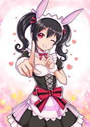 Rule 34 | 10s, 1girl, apron, artist name, black dress, black hair, blurry, breasts, cross-laced clothes, depth of field, detached collar, dress, frilled dress, frills, grin, hair ribbon, head tilt, heart, index finger raised, kelinch1, koi dance, lace trim, looking at viewer, love live!, love live! school idol project, maid headdress, mogyutto &quot;love&quot; de sekkin chuu!, neck ribbon, one eye closed, outstretched arm, pleated dress, puffy short sleeves, puffy sleeves, red eyes, red ribbon, ribbon, short sleeves, sidelocks, small breasts, smile, solo, sparkle, twintails, twitter username, upper body, valentine, white apron, wrist cuffs, yazawa nico