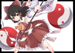 Rule 34 | 1girl, :/, armpits, ascot, between fingers, black border, black hair, blush, border, commentary request, detached sleeves, foreshortening, gohei, hair ribbon, hair tubes, hakurei reimu, highres, holding, leaning forward, looking at viewer, midriff, ofuda, orb, outstretched arms, ponytail, red eyes, red skirt, red vest, remitei03, ribbon, ribbon-trimmed sleeves, ribbon trim, serious, short hair, sidelocks, skirt, solo, spread arms, touhou, tsurime, vest, yellow ascot, yin yang, yin yang orb