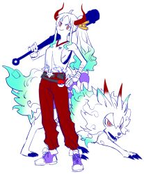 Rule 34 | 1girl, ahoge, belt, belt pouch, club, club (weapon), commentary, creatures (company), crossover, earrings, english commentary, full body, game freak, gen 7 pokemon, green hair, hair ornament, hand on own hip, holding, holding weapon, horns, jewelry, kanabou, lycanroc, lycanroc (midday), multicolored hair, nintendo, one piece, orange eyes, pants, poke ball, pokemon, pokemon (creature), ponytail, pouch, raine (acke2445), red horns, red pants, shirt, shoes, sidelocks, simple background, sleeveless, sleeveless shirt, smile, sneakers, weapon, white background, white hair, wristband, yamato (one piece)