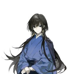 Rule 34 | 1boy, black eyes, black hair, blue kimono, call of cthulhu, chinese commentary, closed mouth, commentary request, earrings, highres, hoop earrings, izayoinotsuki nihyakkeiri, japanese clothes, jewelry, kimono, long hair, male focus, mingjing fangfu keyi zhanduan chuntian, pale skin, simple background, smile, solo, upper body, white background, xiaohuaitongxue