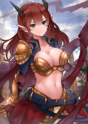 Rule 34 | 1girl, absurdres, armor, belt, blue eyes, breastplate, breasts, cleavage, cloud, collarbone, commission, faulds, green eyes, heterochromia, highres, horns, large breasts, long hair, looking at viewer, loose belt, midriff, navel, neonbeat, original, outdoors, pointy ears, red hair, red ribbon, revealing clothes, ribbon, shoulder armor, single pauldron, skirt, solo, pauldrons, stomach, upper body, vambraces, very long hair