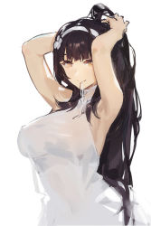 Rule 34 | 1girl, adjusting hair, armpits, arms behind head, arms up, assault rifle, black hair, breasts, bullpup, girls&#039; frontline, gun, hairband, kishiyo, large breasts, long hair, looking at viewer, md5 mismatch, personification, qbz-95, type 95 (girls&#039; frontline), rifle, simple background, sleeveless, smile, solo, very long hair, weapon, white background, white hairband, yellow eyes
