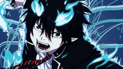 Rule 34 | &gt;:d, 1boy, :d, ao no exorcist, black hair, blue eyes, blue fire, collared shirt, cropped, diagonal stripes, fiery hair, fire, flaming sword, flaming weapon, gakuran, hair between eyes, highres, holding, holding sword, holding weapon, jacket, long sleeves, looking at viewer, male focus, necktie, okumura rin, open clothes, open jacket, open mouth, pointy ears, resized, school uniform, shirt, smile, solo, striped, striped background, sword, unsheathed, upper body, upscaled, v-shaped eyebrows, wallpaper, weapon, white shirt, wing collar
