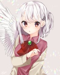 Rule 34 | 1girl, abe suke, absurdres, bow, bowtie, breasts, brooch, commentary request, dress, ear piercing, feathered wings, grey background, grey jacket, hair ornament, hairclip, half updo, highres, jacket, jewelry, kishin sagume, looking at viewer, medium breasts, off shoulder, open clothes, open jacket, parted lips, piercing, purple dress, red bow, red bowtie, red eyes, short hair, silver hair, simple background, solo, touhou, upper body, white wings, wings