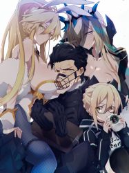 Rule 34 | 1boy, 3girls, agravain (fate), ahoge, anger vein, arm cuffs, armor, artoria pendragon (all), artoria pendragon (fate), artoria pendragon (swimsuit ruler) (fate), aunt and niece, black armor, black dress, black hair, blonde hair, blue eyes, braid, breasts, chain, cleavage, coffee mug, collar, crown, cuffs, cup, dress, fate/grand order, fate (series), french braid, fur, glasses, green eyes, hair between eyes, hair over eyes, hair slicked back, highres, jacket, large breasts, leotard, long hair, looking at viewer, morgan le fay (fate), mother and son, mug, multiple girls, muzzle, mysterious heroine x alter (fate), mysterious heroine x alter (second ascension) (fate), necktie, nogi (acclima), open clothes, open jacket, pantyhose, playboy bunny, ponytail, restraints, shackles, short hair, siblings, simple background, sisters, veil, white background, yellow eyes
