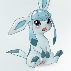 Rule 34 | 1girl, animal ears, animal hands, black eyes, blue background, blue sclera, blush, colored sclera, creatures (company), full body, game freak, gen 4 pokemon, glaceon, highres, looking at viewer, nintendo, no humans, open mouth, pokemon, pokemon (creature), pussy, shiny skin, simple background, sitting, solo, spread legs, tail, youjo modoki
