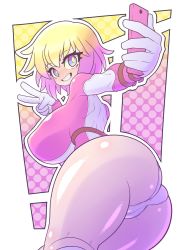 Rule 34 | 1girl, ass, blonde hair, blue eyes, breasts, cameltoe, cellphone, cleft of venus, female focus, gloves, gradient hair, gwenpool, highres, hood, hooded jacket, huge ass, jacket, kaikoinu, large breasts, leotard, marvel, multicolored hair, phone, pink hair, selfie, shiny skin, simple background, smartphone, smile, solo, thick thighs, thighs, v, white background, wide hips