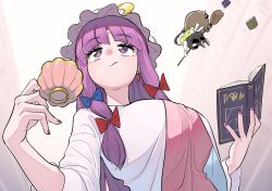 Rule 34 | 2girls, book, bow, crescent, frogsnake, from below, hair bow, hat, holding, jewelry, kirisame marisa, long hair, long sleeves, mob cap, multiple girls, nail polish, patchouli knowledge, perspective, purple eyes, purple hair, purple nails, ring, solo focus, touhou