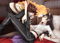Rule 34 | 2girls, ahoge, bed, black hair, blake belladonna, blonde hair, book, bunk bed, clothes grab, eye contact, hand on another&#039;s thigh, inu0831, long hair, looking at another, lying, multiple girls, necktie, on back, pants, purple eyes, rwby, shirt grab, smile, thighhighs, waist cape, yang xiao long, yellow eyes, yuri