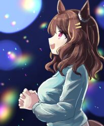 Rule 34 | 1girl, animal ears, blue shirt, breasts, brown hair, commentary request, ear ornament, from side, hair ornament, hairclip, highres, horse ears, horse girl, horse tail, large breasts, lens flare, light hello (umamusume), long sleeves, medium hair, open mouth, own hands clasped, own hands together, red eyes, sangria (sangria69), shirt, smile, solo, tail, teeth, umamusume, upper teeth only