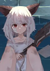 Rule 34 | 1girl, absurdres, animal ears, arknights, bandaid, bandaid on face, character request, cowboy shot, fox ears, frostleaf (arknights), highres, red eyes, shirt, short hair, sitting, solo, staff, suzubotan, white hair, white shirt