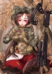 Rule 34 | 1girl, animal ears, arrow (projectile), bow (weapon), breasts, brown hair, camouflage, crossbow, eyeshadow, fang, fingernails, gloves, imaizumi kagerou, jewelry, leaf, looking at viewer, makeup, nail polish, nama shirasu, namashirasu, necklace, pendant, red eyes, scope, skirt, solo, tail, touhou, weapon, wolf ears, wolf tail