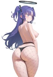 Rule 34 | 1girl, ai-assisted, ass, ayalie, back, bad tag, black panties, blue eyes, blush, breasts, closed mouth, fishnet pantyhose, fishnets, from behind, halo, highres, large breasts, long hair, looking away, nipples, panties, pantyhose, parted bangs, purple hair, simple background, solo, sweatdrop, thighs, thong, topless, two side up, underwear, white background, yuuka (blue archive)