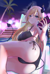 Rule 34 | 1girl, aqua eyes, aqua nails, ass, bikini, black bikini, blonde hair, blurry, blurry background, blurry foreground, blush, breasts, cellphone, chair, closed mouth, collarbone, commentary request, demon horns, demon tail, depth of field, e-wing (ewingillustrate), eyelashes, feet out of frame, halterneck, hand up, highres, holding, hololive, horns, large breasts, lens flare, long hair, looking at viewer, lounge chair, lying, nail polish, night, night sky, on side, palm tree, phone, poolside, shadow, side-tie bikini bottom, sky, smartphone, smile, solo, swept bangs, swimsuit, tail, thighs, tree, virtual youtuber, water, yuzuki choco, yuzuki choco (hololive summer 2019)