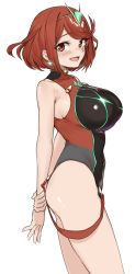 Rule 34 | 1girl, black one-piece swimsuit, breasts, chest jewel, competition swimsuit, covered collarbone, gem, headpiece, highres, large breasts, one-piece swimsuit, pyra (pro swimmer) (xenoblade), pyra (xenoblade), red eyes, red hair, red one-piece swimsuit, ribbed swimsuit, salmongrapefish, short hair, solo, strapless, strapless one-piece swimsuit, striped clothes, striped one-piece swimsuit, swept bangs, swimsuit, tiara, two-tone swimsuit, vertical-striped clothes, vertical-striped one-piece swimsuit, xenoblade chronicles (series), xenoblade chronicles 2
