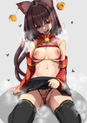 Rule 34 | 1girl, aged up, animal ears, bare shoulders, bell, black thighhighs, blush, breasts, brown hair, cat ears, chen, clothes lift, detached sleeves, gluteal fold, hair between eyes, heart, highres, jewelry, large breasts, lifted by self, long sleeves, looking at viewer, miniskirt, navel, nekomata, nipples, no headwear, open mouth, panties, red eyes, red panties, red skirt, sitting, skirt, skirt lift, solo, textless version, thighhighs, thighs, touhou, underwear, yukito (dreamrider)