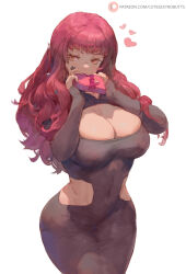 Rule 34 | 1girl, black dress, box, breasts, cleavage, cleavage cutout, clothing cutout, covered navel, curvy, cutesexyrobutts, dress, facial mark, fire emblem, fire emblem engage, hair ornament, heart, heart-shaped box, highres, hip vent, large breasts, long hair, nintendo, red hair, side cutout, sleeves past wrists, smile, solo, star (symbol), star facial mark, star hair ornament, white background, yunaka (fire emblem)