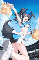 Rule 34 | 1girl, animal ears, arm up, armpits, bare legs, black hair, black shorts, blue archive, blue eyes, bracelet, breasts, cheerleader, crop top, day, dog ears, dog tail, extra ears, gloves, goggles, goggles on head, hibiki (blue archive), hibiki (cheer squad) (blue archive), highres, holding, holding pom poms, jewelry, long hair, medium breasts, millennium cheerleader outfit (blue archive), miniskirt, navel, open mouth, outdoors, pom pom (cheerleading), pom poms, shoes, shorts, sidelocks, single glove, skirt, sky, solo, soya (torga), stadium, standing, standing on one leg, tail, white skirt