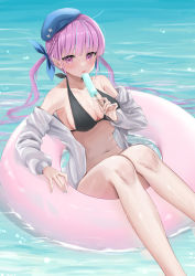 Rule 34 | 1girl, absurdres, bare legs, bikini, black bikini, blue bow, blue headwear, bow, braid, breasts, cleavage, clothes down, collarbone, grey jacket, hair bow, halterneck, highres, hololive, innertube, jacket, long hair, long sleeves, medium breasts, minato aqua, open clothes, open jacket, otsu hai18, pink eyes, pink hair, solo, summer, swim ring, swimsuit, tongue, tongue out, twintails, very long hair, virtual youtuber