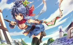 1girl black_sash black_thighhighs blue_dress blue_hair blue_sky blush breasts brown_eyes cleavage cloud copyright_notice crescent dagger day dress full_body grin guest_art hair_ornament hair_stick highres holding holding_dagger holding_knife holding_scroll holding_weapon jumping knife kunai logo looking_at_viewer medium_breasts medium_hair ninja_(ragnarok_online) obi obijime official_art official_wallpaper outdoors pinwheel_hair_ornament ragnarok_online red_scarf rooftop ryuutetsu sandals sash scarf scroll short_dress sky sleeveless sleeveless_dress smile solo thighhighs torn_clothes torn_scarf tree vambraces weapon window zouri