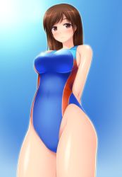 Rule 34 | 10s, 1girl, blush, breasts, brown eyes, brown hair, competition swimsuit, idolmaster, idolmaster cinderella girls, idolmaster cinderella girls starlight stage, large breasts, long hair, nak yama, nitta minami, one-piece swimsuit, side ponytail, smile, solo, swimsuit
