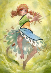 Rule 34 | 1girl, absurdres, barefoot, blue skirt, brown eyes, brown hair, circlet, detached sleeves, dress, full body, green dress, highres, long hair, looking at viewer, low twintails, misawa hiroshi, monkey girl, monkey tail, multicolored clothes, multicolored dress, single-shoulder dress, single detached sleeve, skirt, solo, son biten, tail, test tube, touhou, twintails, yellow dress