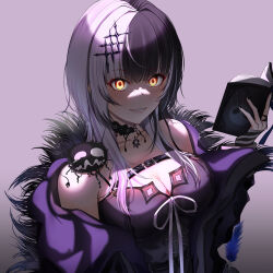 Rule 34 | 1girl, absurdres, black choker, black hair, black nails, book, breasts, chest strap, choker, cleavage, coat, dress, fur trim, glowing, glowing eyes, grin, hair ornament, highres, hololive, hololive english, jacket, jewelry, lace, lace choker, large breasts, long hair, looking at viewer, ming.tian, multicolored hair, off shoulder, purple coat, purple dress, ring, shiori novella, shiori novella (1st costume), smile, solo, split-color hair, two-tone hair, upper body, virtual youtuber, white hair, yellow eyes, yorick (shiori novella)
