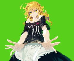 Rule 34 | 1girl, ahoge, apron, bare shoulders, black shirt, black skirt, blonde hair, braid, clothes writing, collarbone, commentary request, cosplay, cowboy shot, frilled apron, frills, green background, hair between eyes, hair ribbon, heart, hecatia lapislazuli, hecatia lapislazuli (cosplay), kirisame marisa, long hair, looking at viewer, no headwear, off-shoulder shirt, off shoulder, purple ribbon, ribbon, shirt, short sleeves, simple background, single braid, skirt, skirt set, solo, t-shirt, touhou, waist apron, white apron, yellow eyes, zounose
