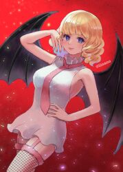 Rule 34 | 1girl, bat wings, blonde hair, blue eyes, cp0 (one piece), dress, fishnet thighhighs, fishnets, highres, iinano (inanosuke), looking at viewer, necktie, one piece, pink necktie, red background, short hair, sleeveless, stussy (one piece), thighhighs, vampire, walking, white dress, wings