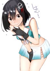 Rule 34 | 1girl, bare shoulders, black gloves, black hair, blush, breasts, brown eyes, collarbone, commentary request, cosplay, cowboy shot, embarrassed, gloves, haguro (kancolle), hair ornament, kantai collection, leaning forward, looking at viewer, masukuza j, maya (kancolle), maya (kancolle) (cosplay), medium breasts, midriff, navel, pleated skirt, remodel (kantai collection), school uniform, serafuku, short hair, simple background, skirt, sleeveless, solo, standing, tears, white background, white skirt