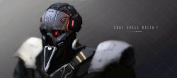 Rule 34 | absurdres, black background, commentary, english commentary, english text, glowing, glowing eye, highres, humanoid robot, looking ahead, no humans, original, portrait, reborns, red eyes, robot, science fiction