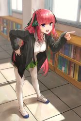 Rule 34 | 1girl, absurdres, black cardigan, black ribbon, blue eyes, blunt bangs, blush, book, bookshelf, butterfly hair ornament, cardigan, collared shirt, commentary request, full body, go-toubun no hanayome, green skirt, hair ornament, hair ribbon, hand on own hip, highres, indoors, ishiyuki, jacket, long hair, nakano nino, open cardigan, open clothes, open jacket, open mouth, pink hair, pleated skirt, pointing, pointing to the side, ribbon, school uniform, shirt, sidelocks, skirt, teeth, thighhighs, white shirt, white thighhighs, window