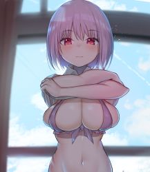 Rule 34 | 1girl, blurry, blurry background, breasts, cleavage, clothes lift, collared shirt, gatchan, gridman universe, highres, indoors, large breasts, lifted by self, light purple hair, looking at viewer, navel, red eyes, shinjou akane, shirt, shirt lift, short hair, smile, solo, ssss.gridman